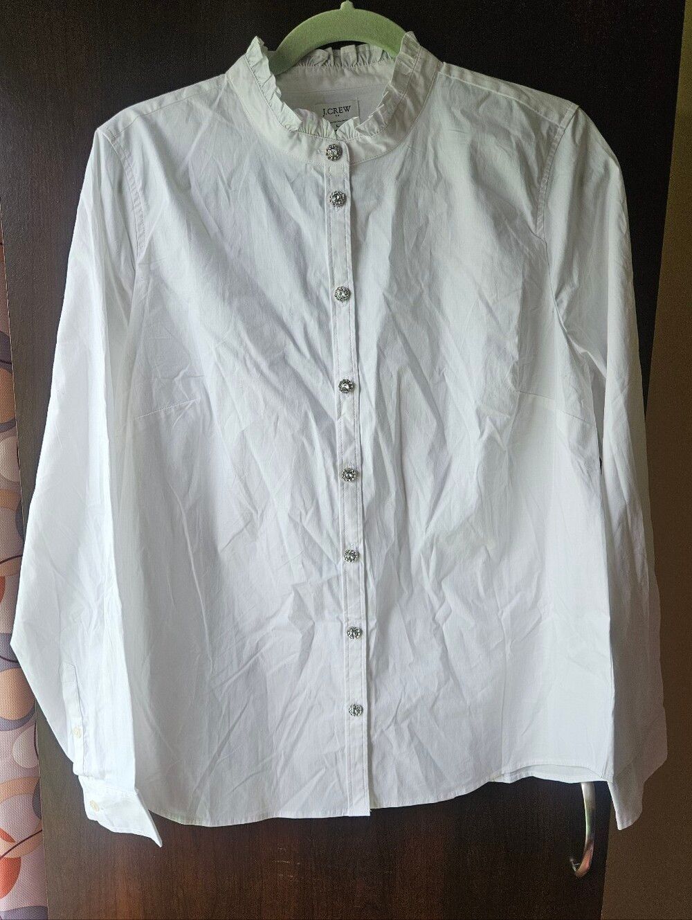 NWT J.Crew White Ruffle Collar Button-Up Shirt With Rhinestone Buttons Size L